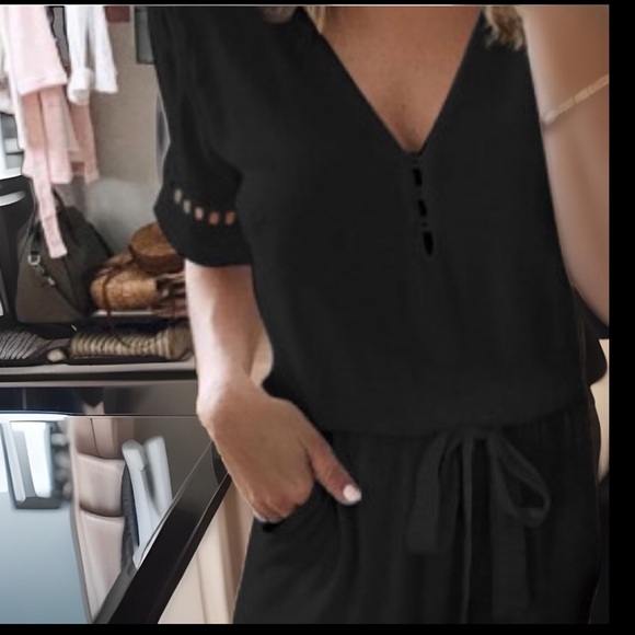 Formal Deep V Neck W/Button Hollowed Designs Elastic Waist Belt W/Pockets Romper - Picture 2 of 12